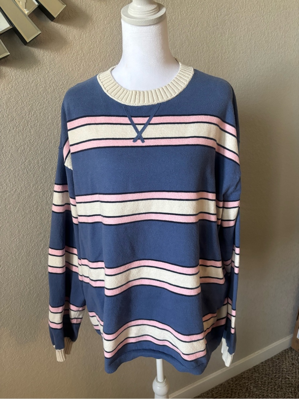 aerie Blue Crewneck Sweater with Pink and Cream Stripes